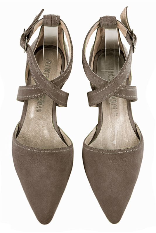 Taupe brown women's open side shoes, with crossed straps. Tapered toe. Low flare heels. Top view - Florence KOOIJMAN